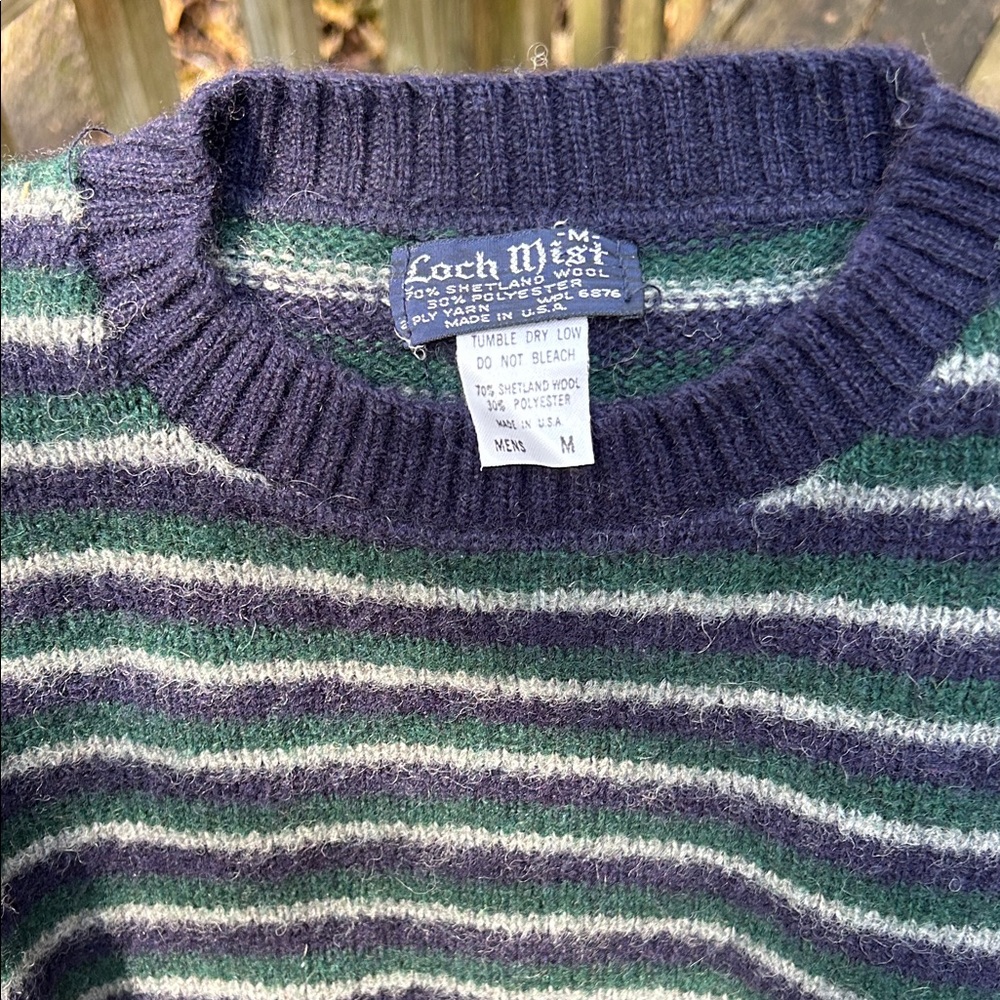 Wool Striped Crewneck Sweater - Navy and Green and Gray